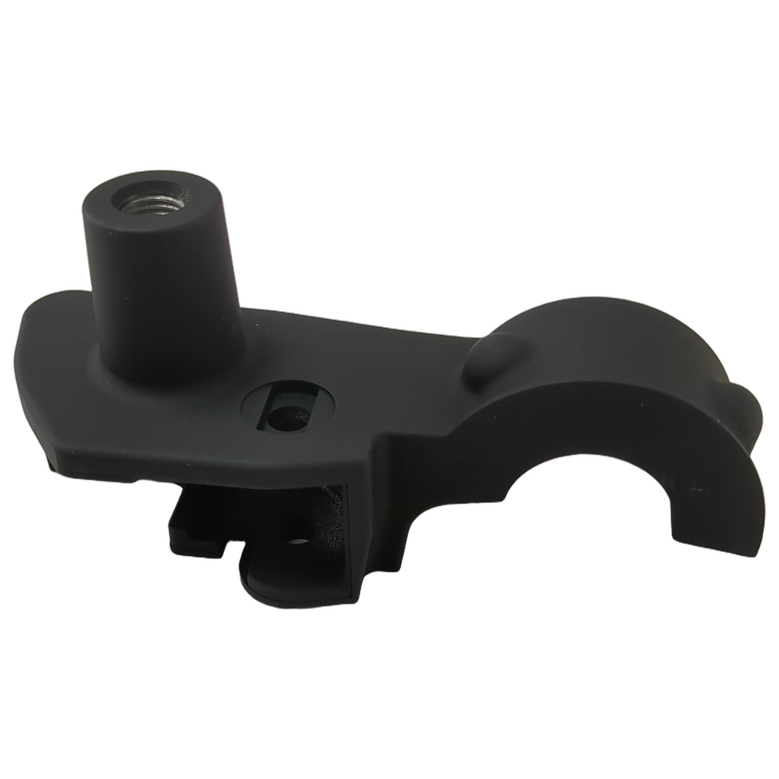 Matte black metal motorcycle mirror bracket with cylindrical threaded mount and curved clamp arm.