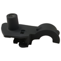 Matte black metal motorcycle mirror bracket with cylindrical threaded mount and curved clamp arm.