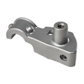 The Bracket, Clutch, Mirror, Silver by Polaris is a metallic part with a curved section, threaded top hole, and drilled holes—ideal as an OEM Victory Polaris component in various mechanical assemblies.