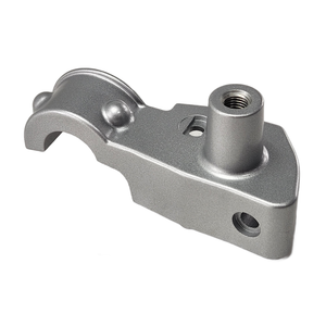 The Bracket, Clutch, Mirror, Silver by Polaris is a metallic part with a curved section, threaded top hole, and drilled holes—ideal as an OEM Victory Polaris component in various mechanical assemblies.