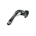 Polished chrome metal motorcycle foot peg mount with curved arm and mounting hole.