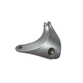 Silver metal right-side foot peg and floorboard support bracket with smooth finish and mounting holes.