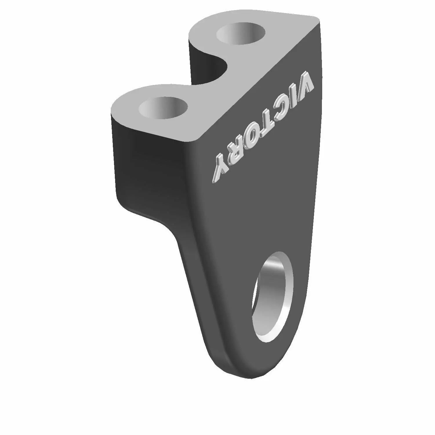 Silver metal engine mount bracket with two mounting holes and "VICTORY" engraved on the side.