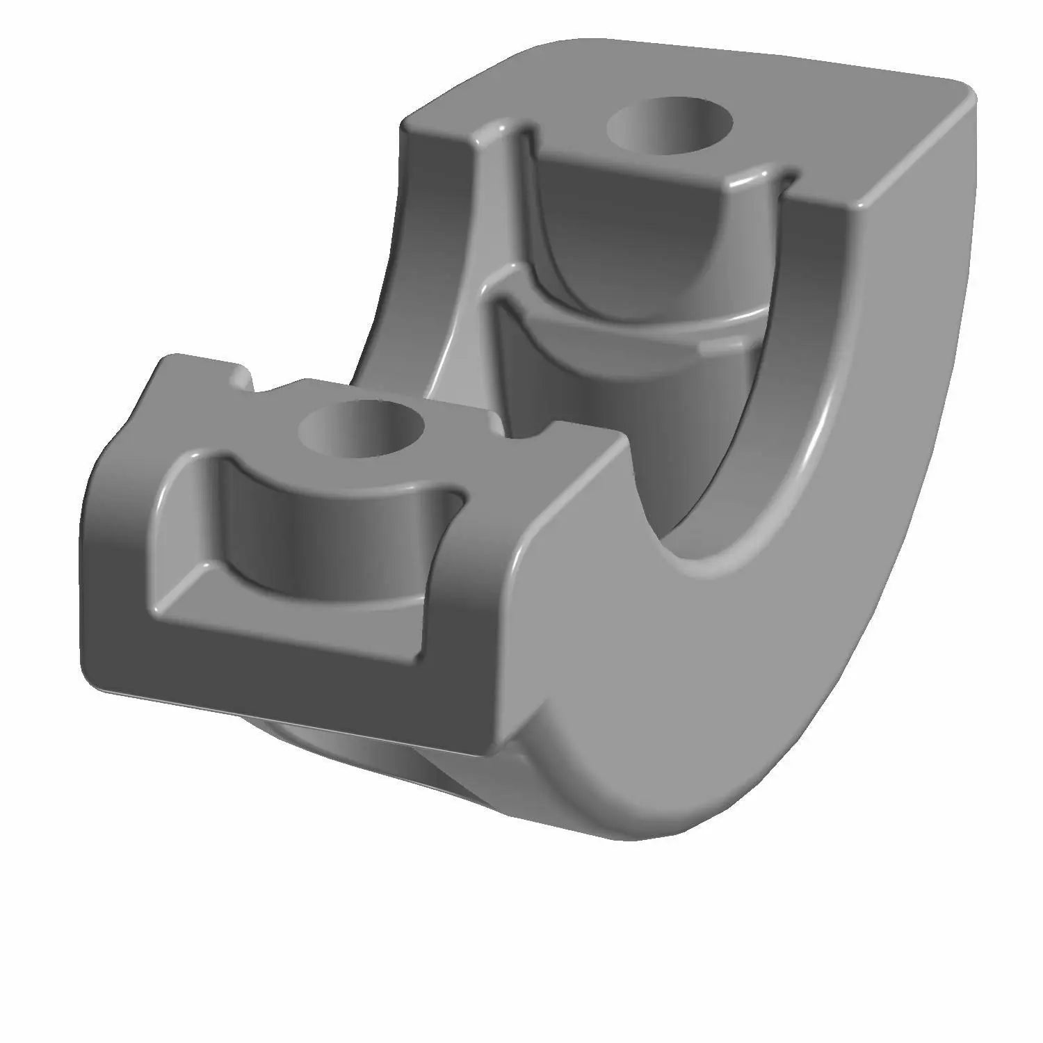 Chrome-finished metal mirror bracket cap with curved design and mounting holes.