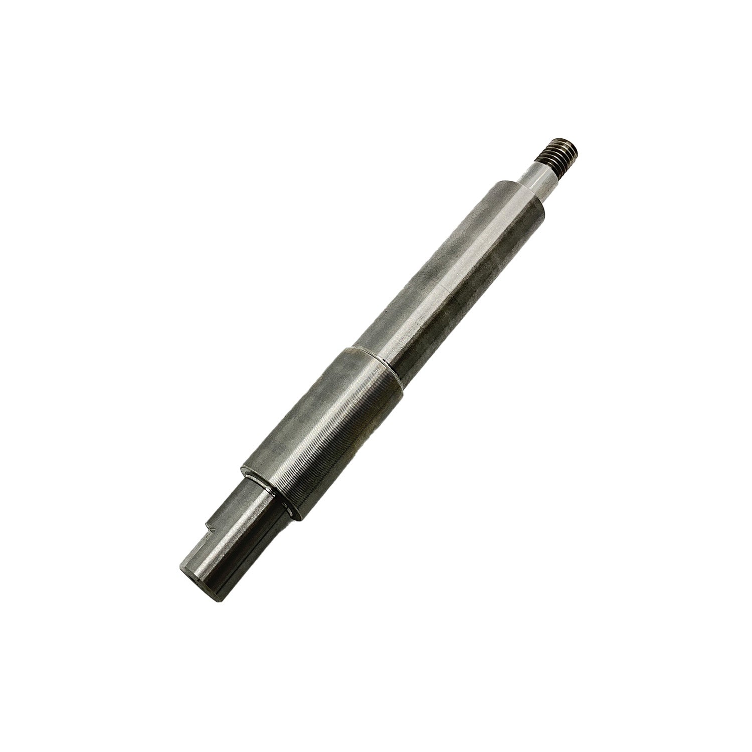Metal oil and water pump shaft with stepped cylindrical design and threaded end.