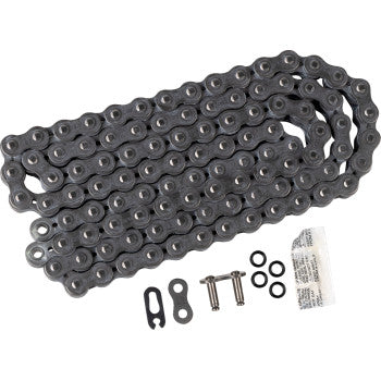 The 520 SRX2 Drive Chain (104 Links) by EK is shown with a master link, two connecting pins, three O-rings, and a small lubricant packet placed below the coiled metal chain.