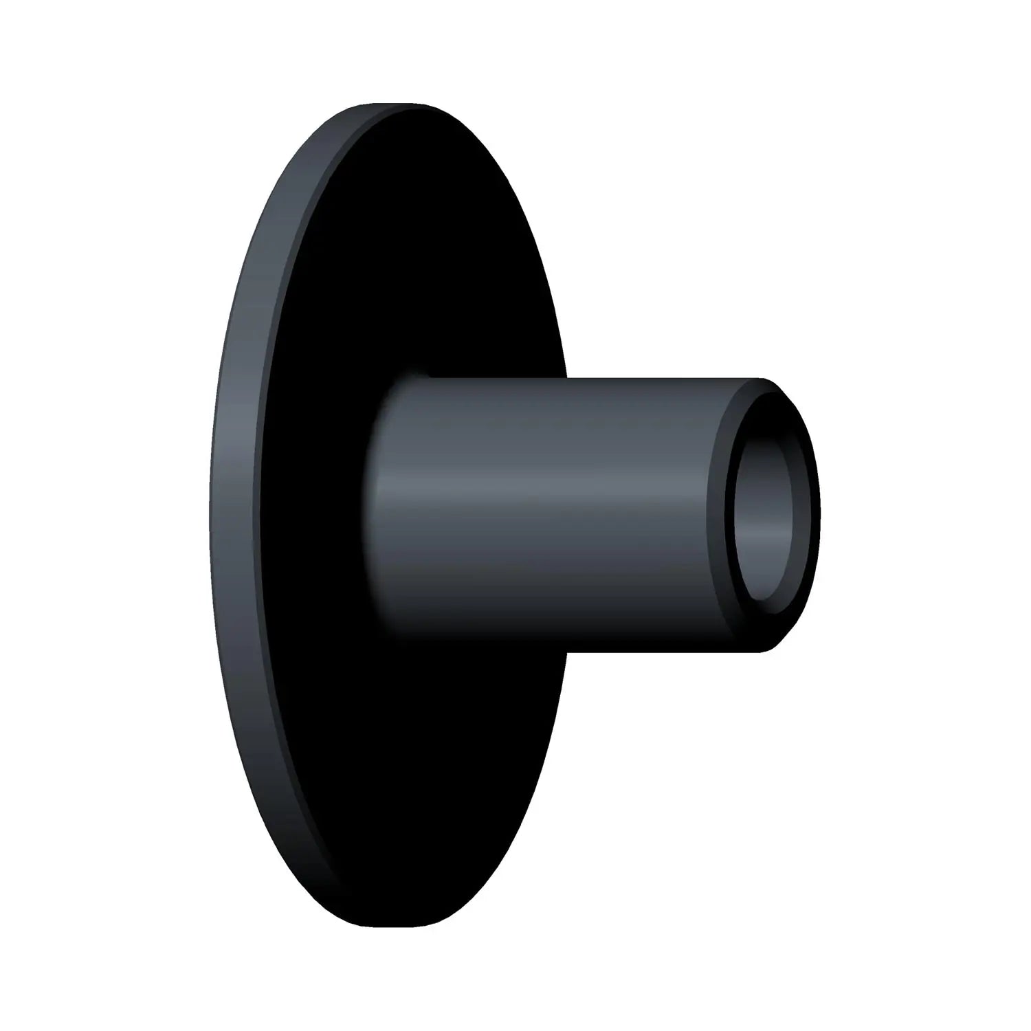 A black Flange Bushing [Int'L] by Polaris, with a wide flat base and a narrower hollow cylindrical extension, is displayed against a white background.