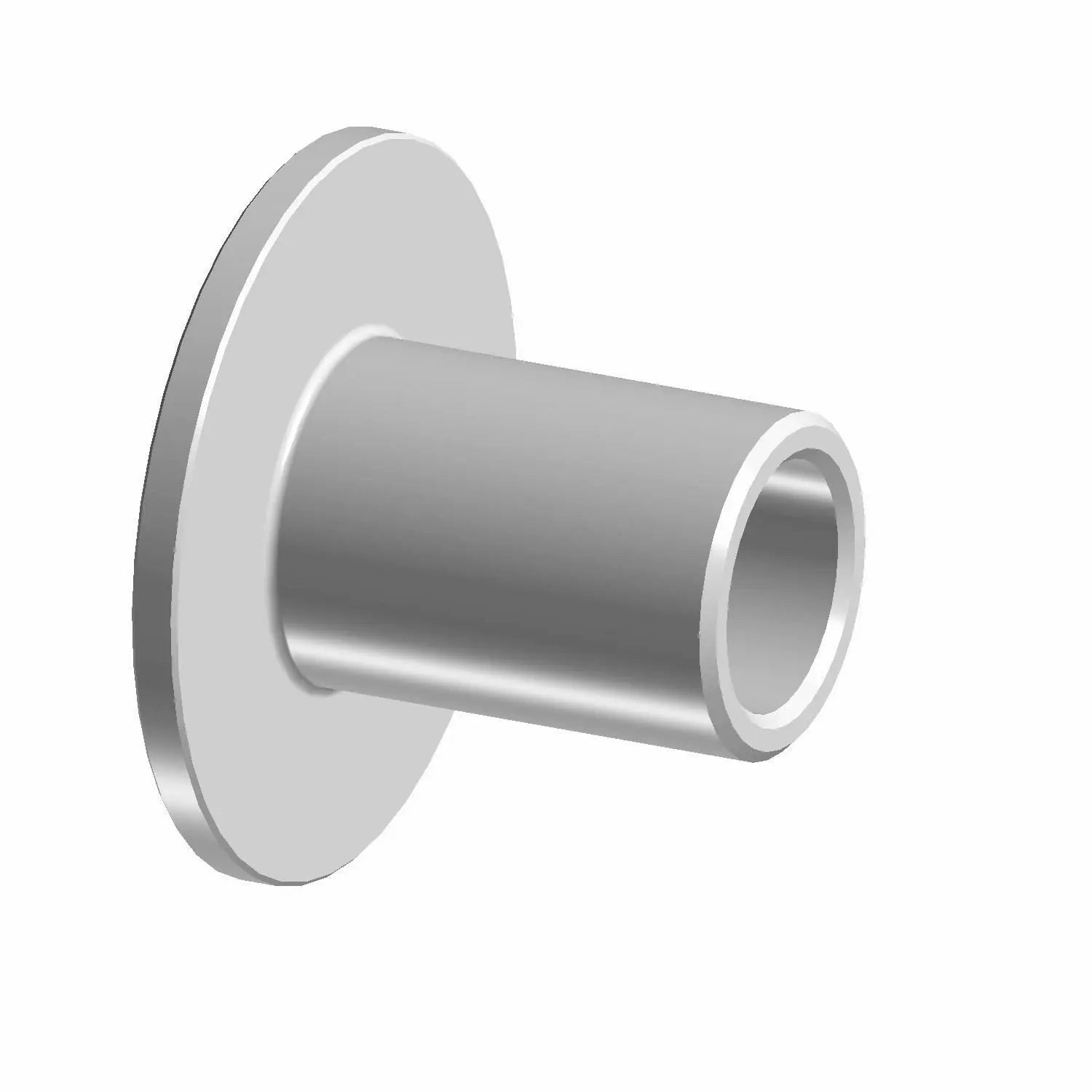 A 3D rendering of the Flange Bushing by Polaris, showing a metal cylindrical tube with a wide, flat circular flange at one end, similar to OEM Victory Polaris parts, set against a plain white background.