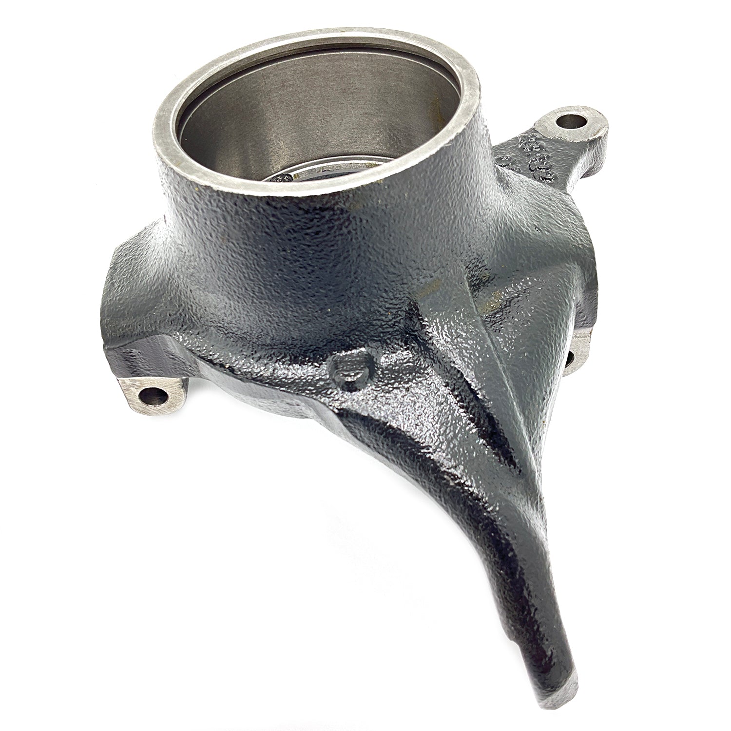 Black metal steering knuckle with smooth cylindrical inner bore and mounting holes on irregular outer shape.