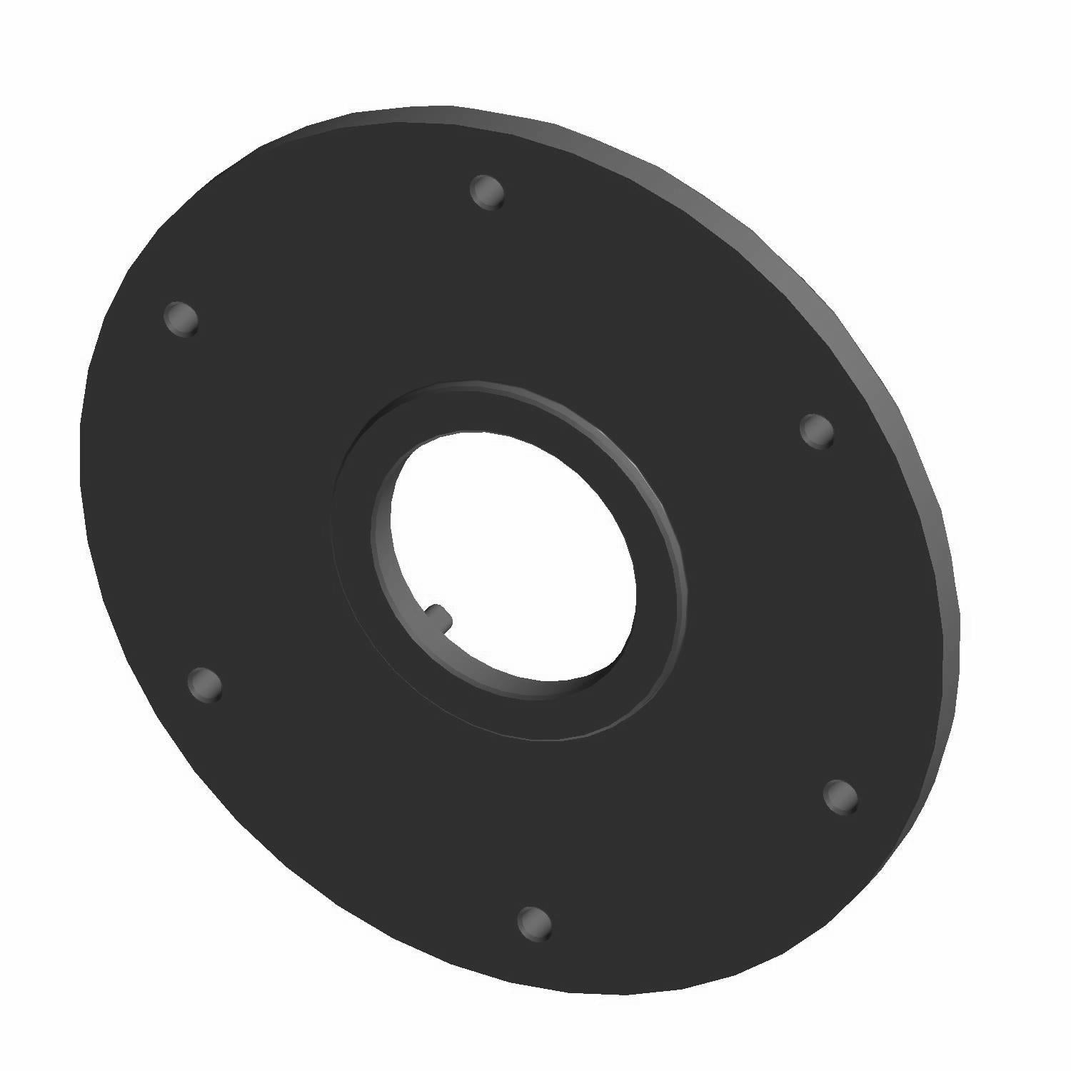 Black circular metal adapter clutch with central hole and six evenly spaced bolt holes around perimeter.