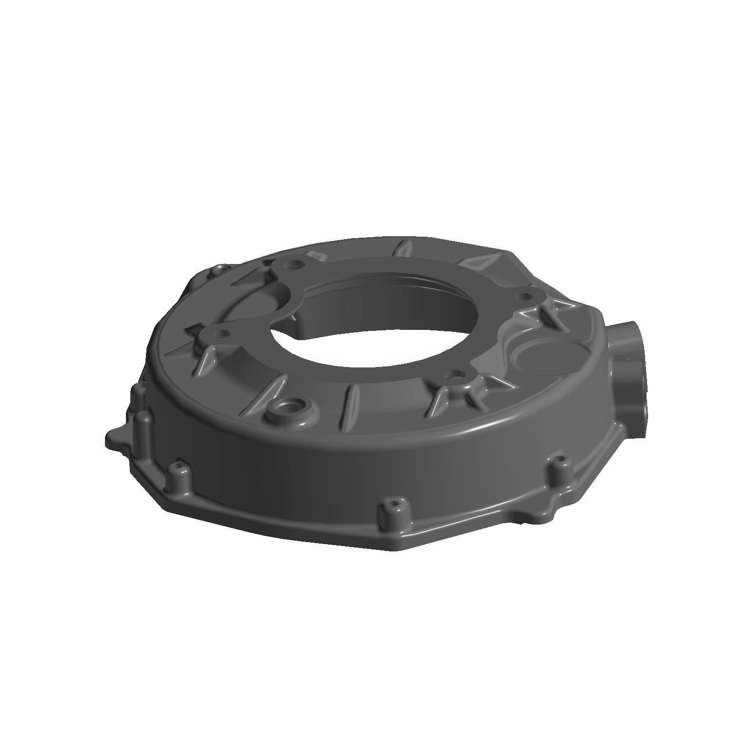 Black circular metal bellhousing with multiple bolt holes and a central opening, designed for diesel Polaris Ranger models.