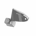 Silver metal passenger foot peg mount with angular design and mounting hole, left side.
