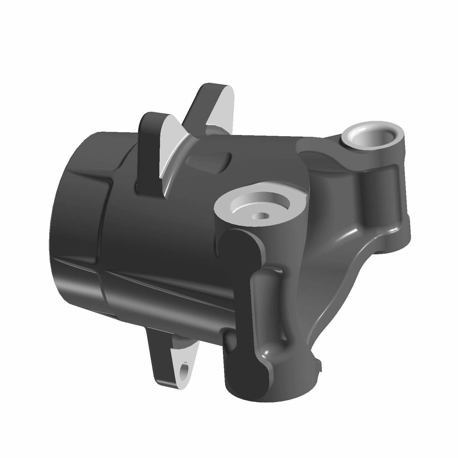 Black metal carrier-bearing wheel housing with mounting brackets and circular openings.