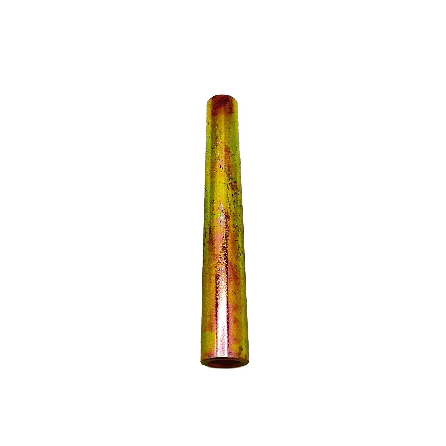 Metallic cylindrical pivot shaft with a smooth, slightly rusted surface and a hollow center.