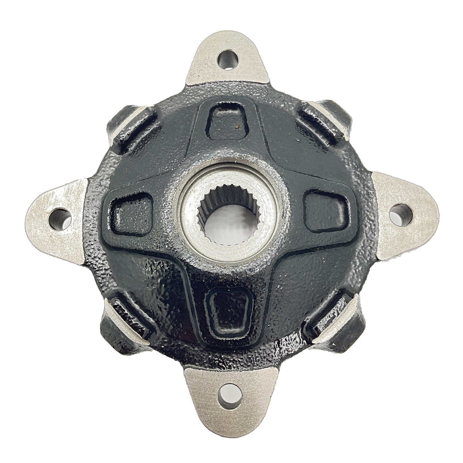 Black medium gloss front wheel hub with four silver mounting arms and central splined hole.