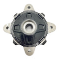 Black medium gloss front wheel hub with four silver mounting arms and central splined hole.