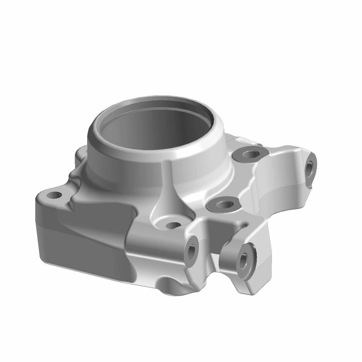 Silver metallic steering knuckle with circular central hub and mounting points designed for off-road vehicle suspension.