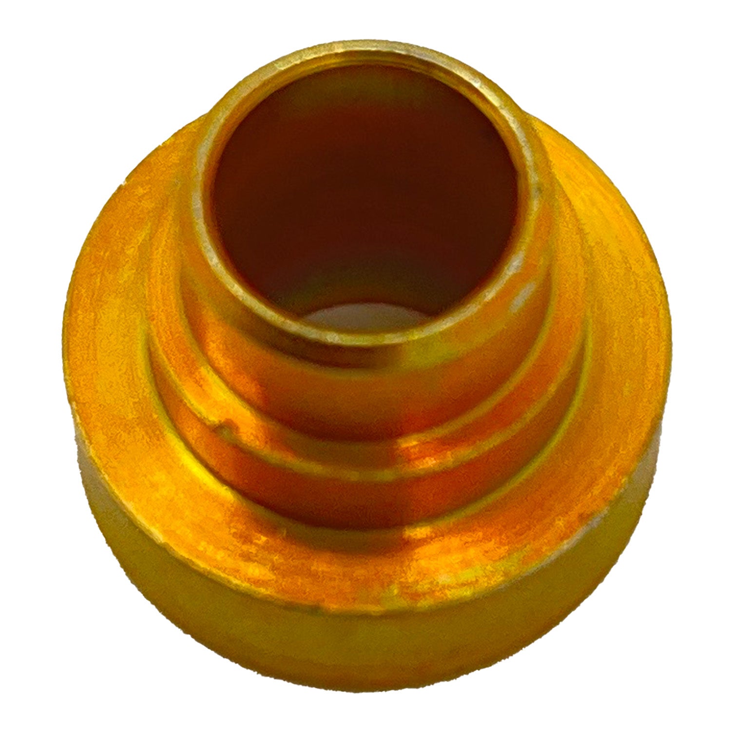 Gold-toned cylindrical metal reducer bushing with stepped outer flange and smooth inner bore.