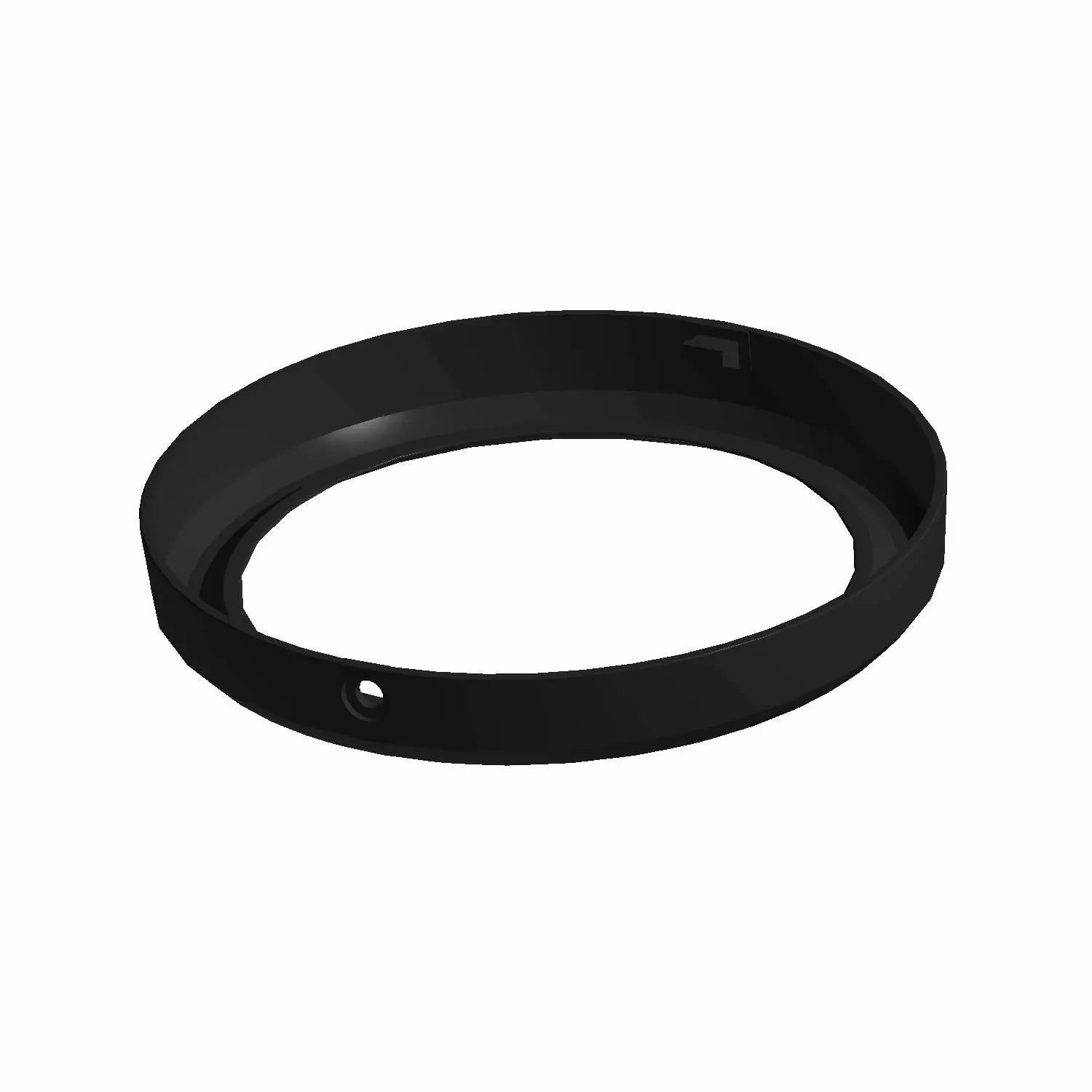 Black circular metal headlight bezel with a smooth finish and a mounting hole.