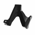 Flat black metal foot peg mount with triangular shape and three mounting holes, left hand side.