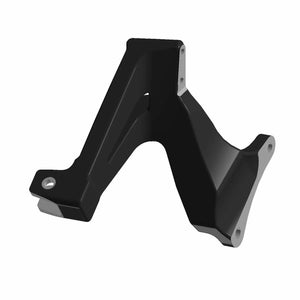 Flat black metal foot peg mount with triangular shape and three mounting holes, left hand side.