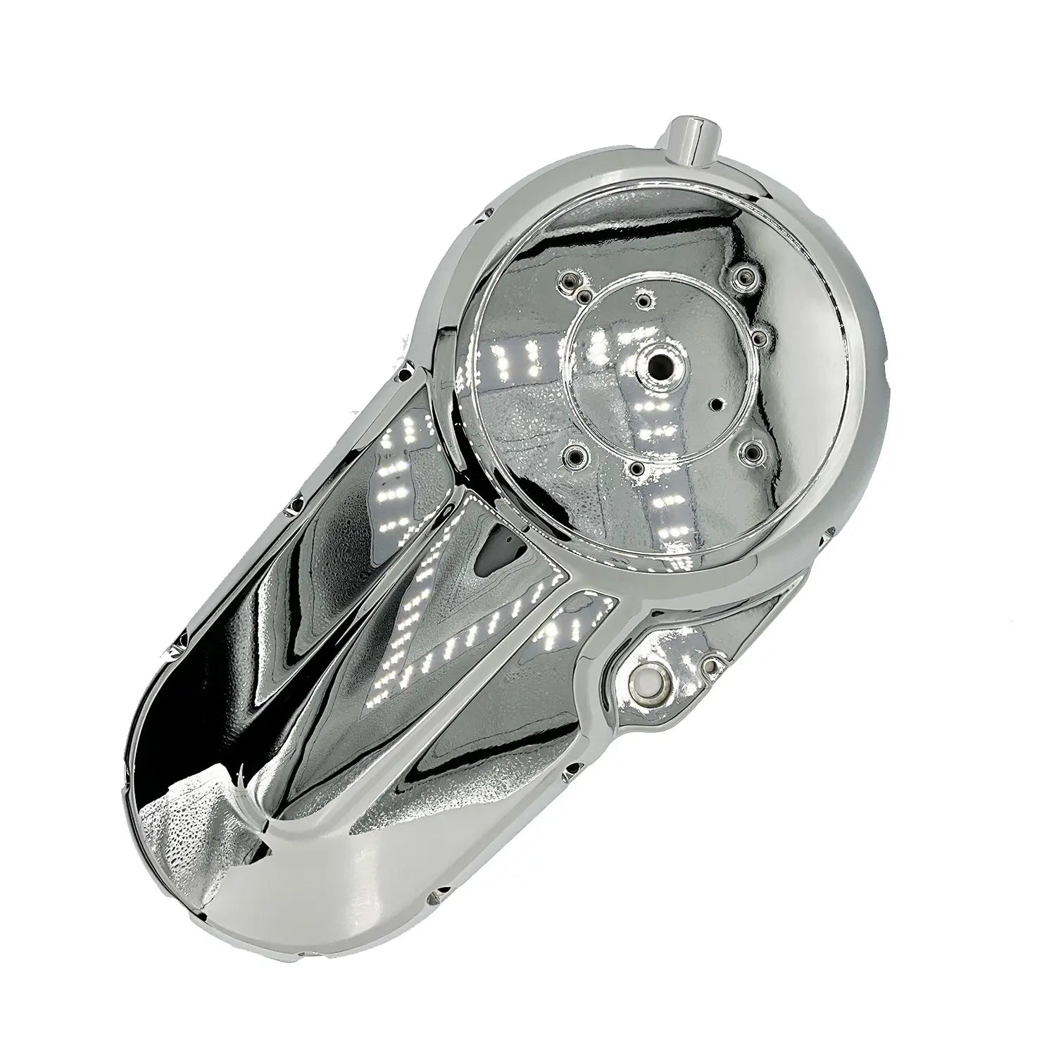 Chrome primary cover for motorcycle with smooth, rounded design and mounting holes.
