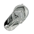 Chrome primary cover for motorcycle with smooth, rounded design and mounting holes.