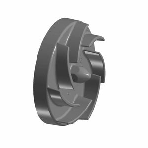 Gray circular plastic water pump impeller with curved vanes and central hub.