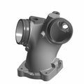 Matte gray metal intake manifold with circular openings and mounting base plate.