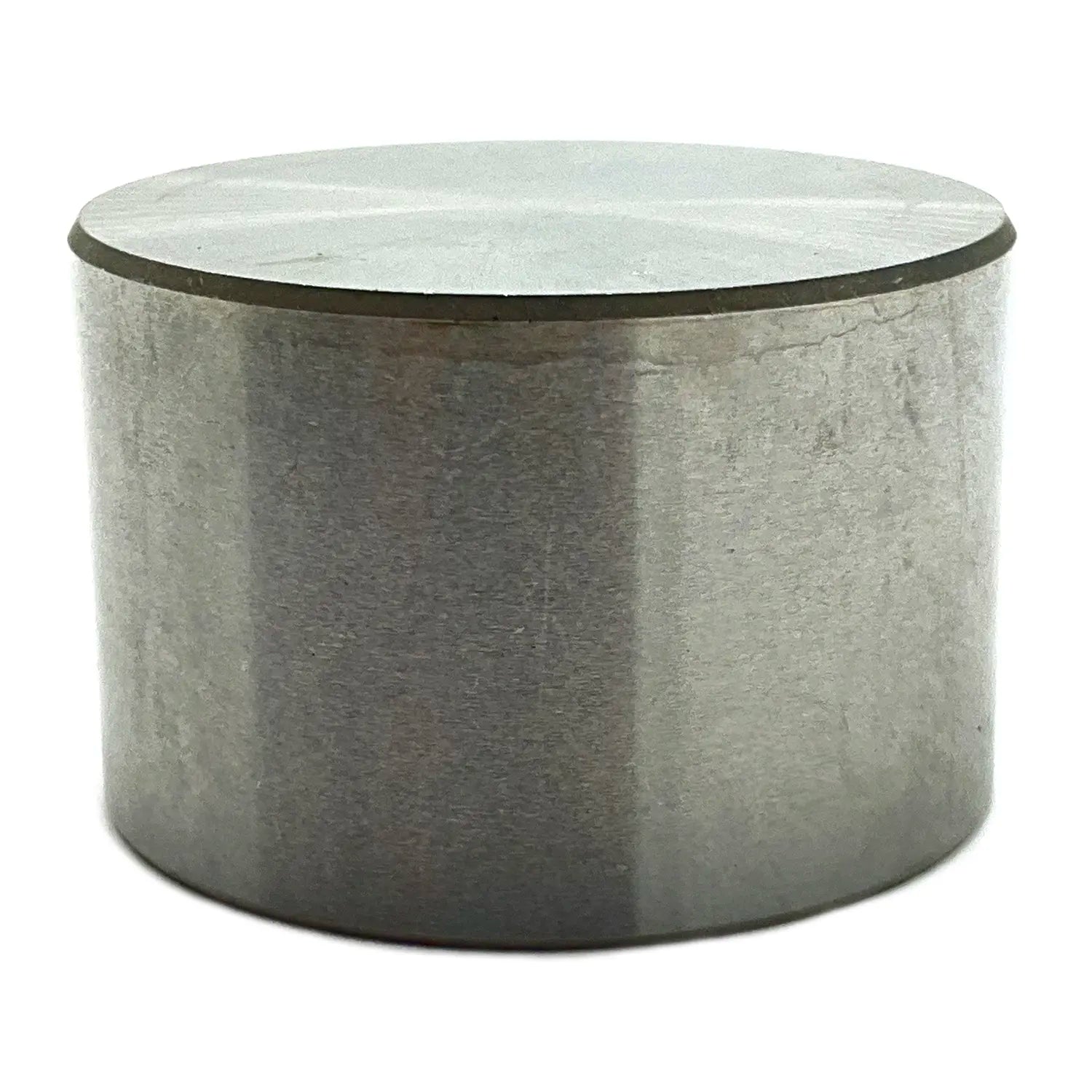 Cylindrical metal valve tappet with flat top and smooth, silver-gray finish.