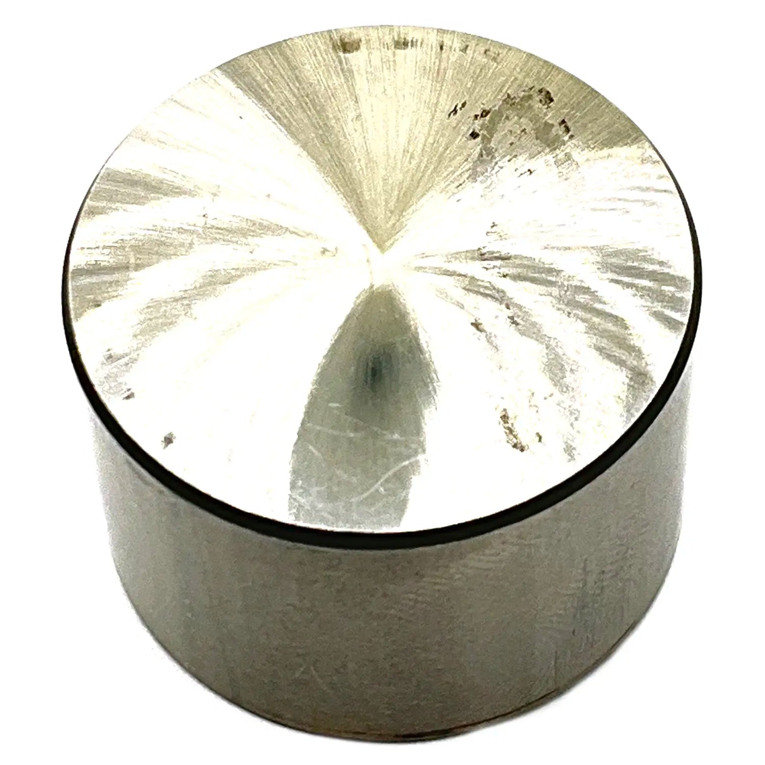 Metallic cylindrical valve tappet with a polished, reflective flat top surface showing radial machining marks.