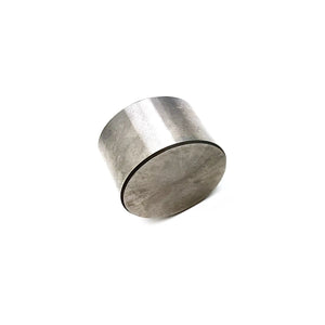 Cylindrical metal valve tappet with smooth silver finish and rounded edges.
