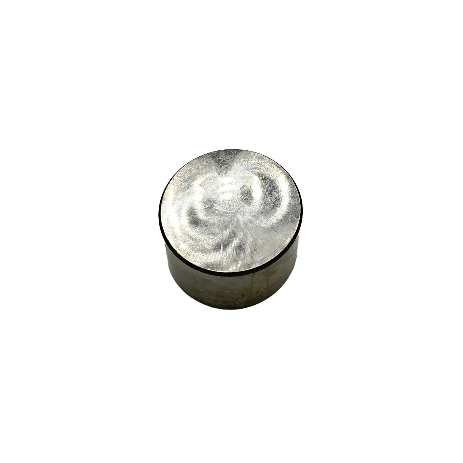 Round metal valve tappet with smooth silver surface and cylindrical shape.