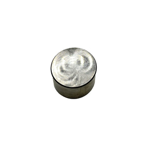 Round metal valve tappet with smooth silver surface and cylindrical shape.