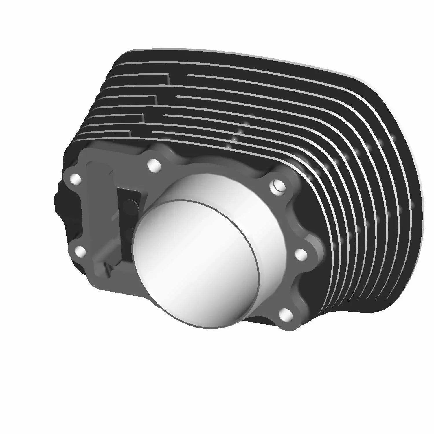 Black metal motorcycle cylinder with cooling fins and circular chamber opening.