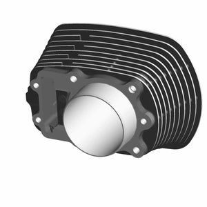 Black metal motorcycle cylinder with cooling fins and circular chamber opening.