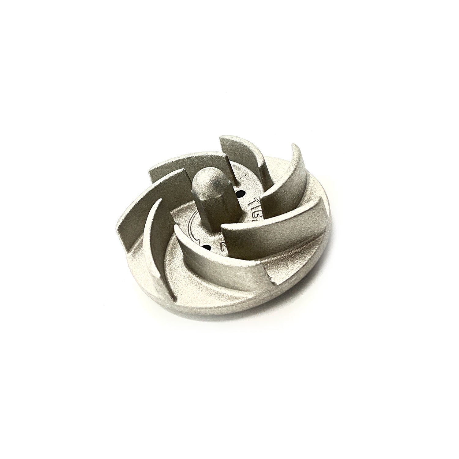 Silver metal water pump impeller with curved blades and central hub, 45mm diameter.