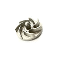Silver metal water pump impeller with curved blades and central hub, 45mm diameter.