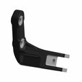 Gloss black metal foot peg mount with two circular mounting holes and a forked end designed for motorcycle installation.