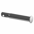 Matte black metal motorcycle foot peg pin with flat silver round head and two holes near the tip.