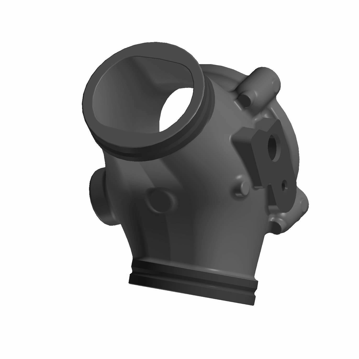 Matte black intake manifold with angled tubular design and mounting points for motorcycle engine.