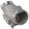 Silver metal intake manifold with smooth rounded edges and large open circular inlets.