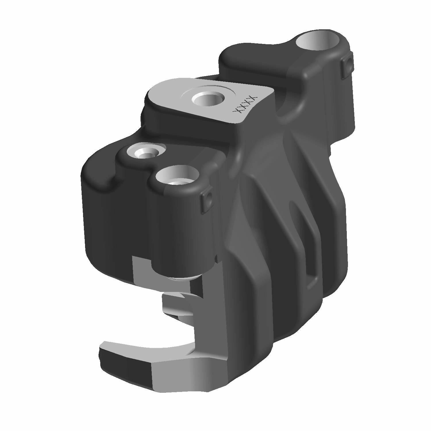 Black and silver mach rib brake caliper with mounting holes and rugged design for offroad UTVs.
