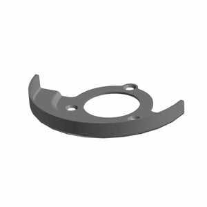 3D rendering of the Plate Retainer Windage by Polaris, a metal bracket with a central circular hole, two smaller screw holes, and raised side edges, designed for secure attachment to a flat surface.