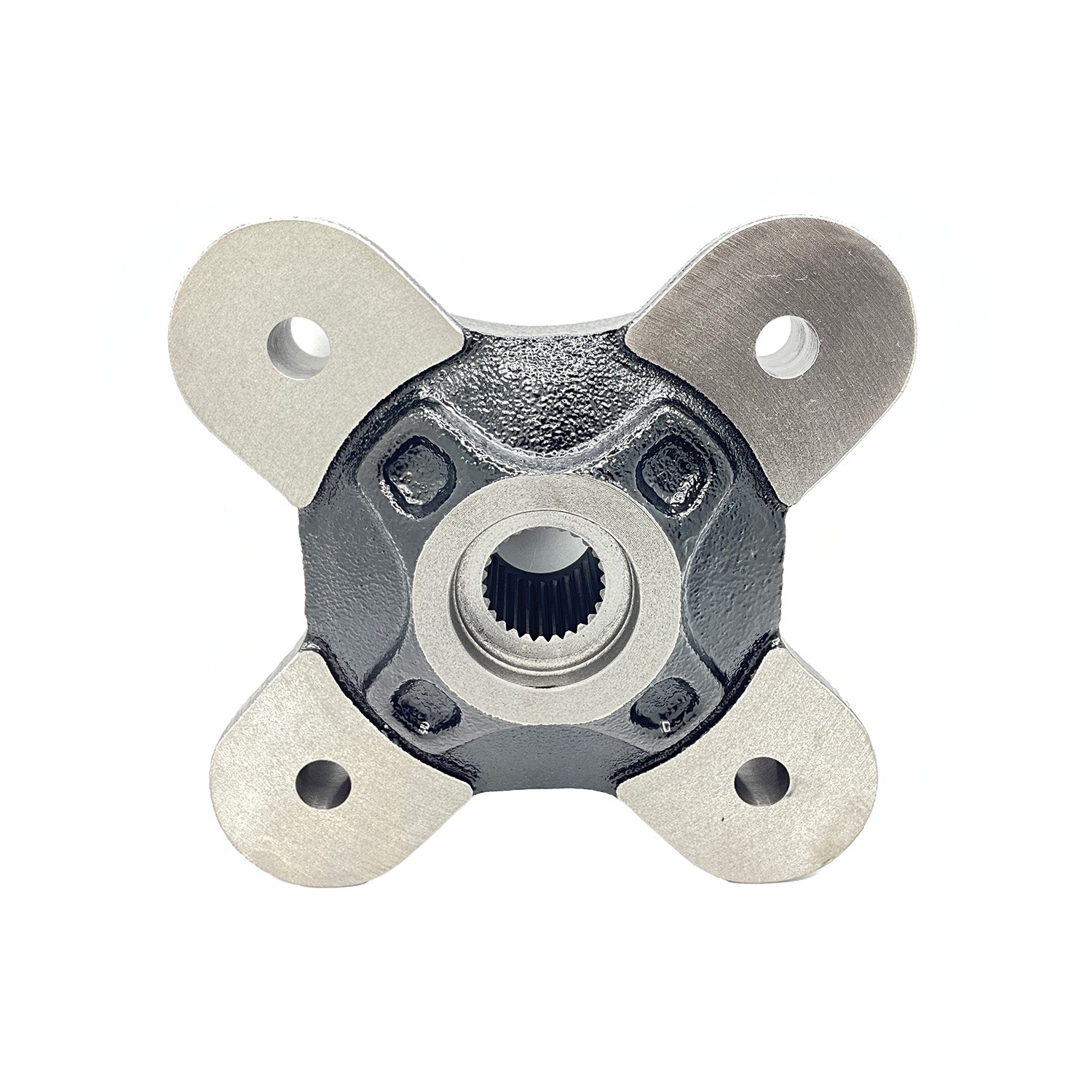 Medium gloss black rear wheel hub with four silver mounting arms and central splined bore.