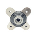 Medium gloss black rear wheel hub with four silver mounting arms and central splined bore.