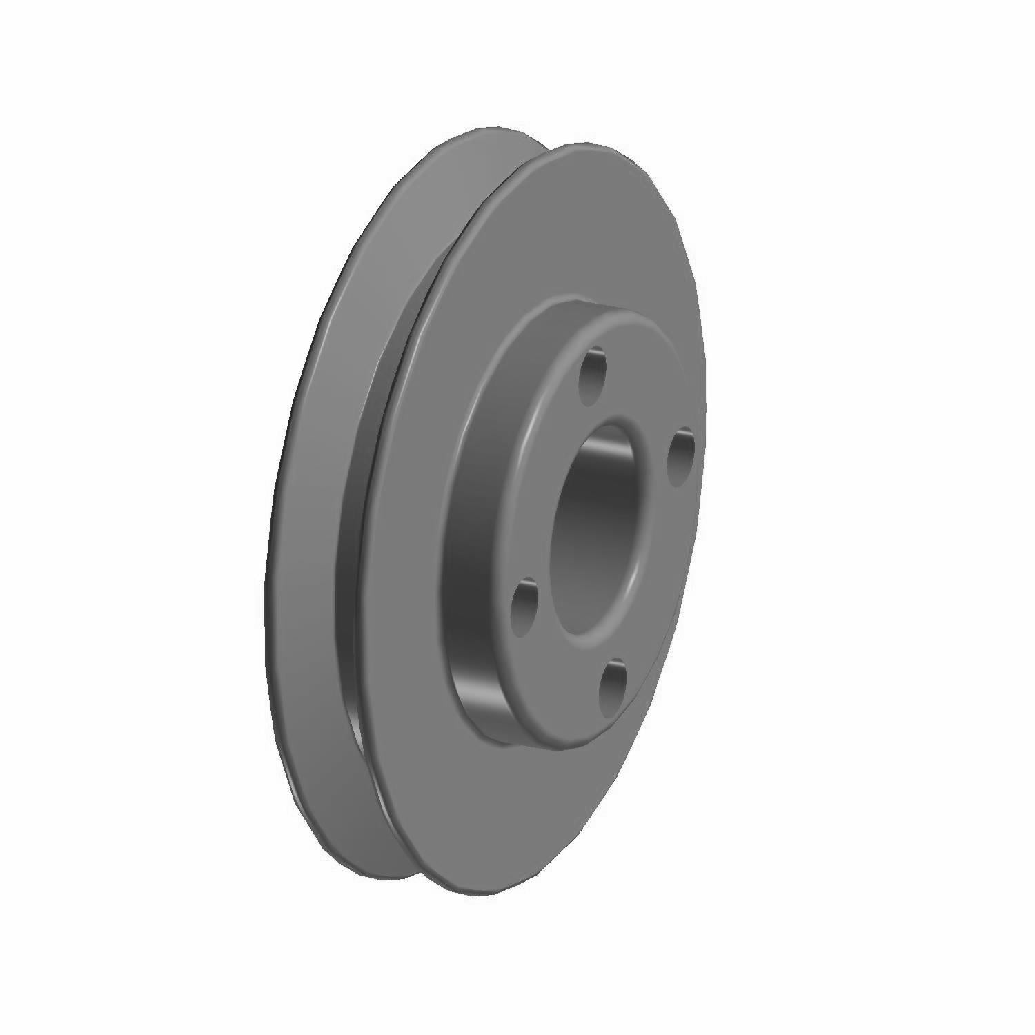 Gray metal double-groove pulley with central mounting hole and smooth finish.