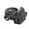 Black metal oil filter adapter with circular and rectangular mounting sections and bolt holes.