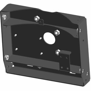 Flat black metal trunk support bracket with multiple mounting holes and bolts.