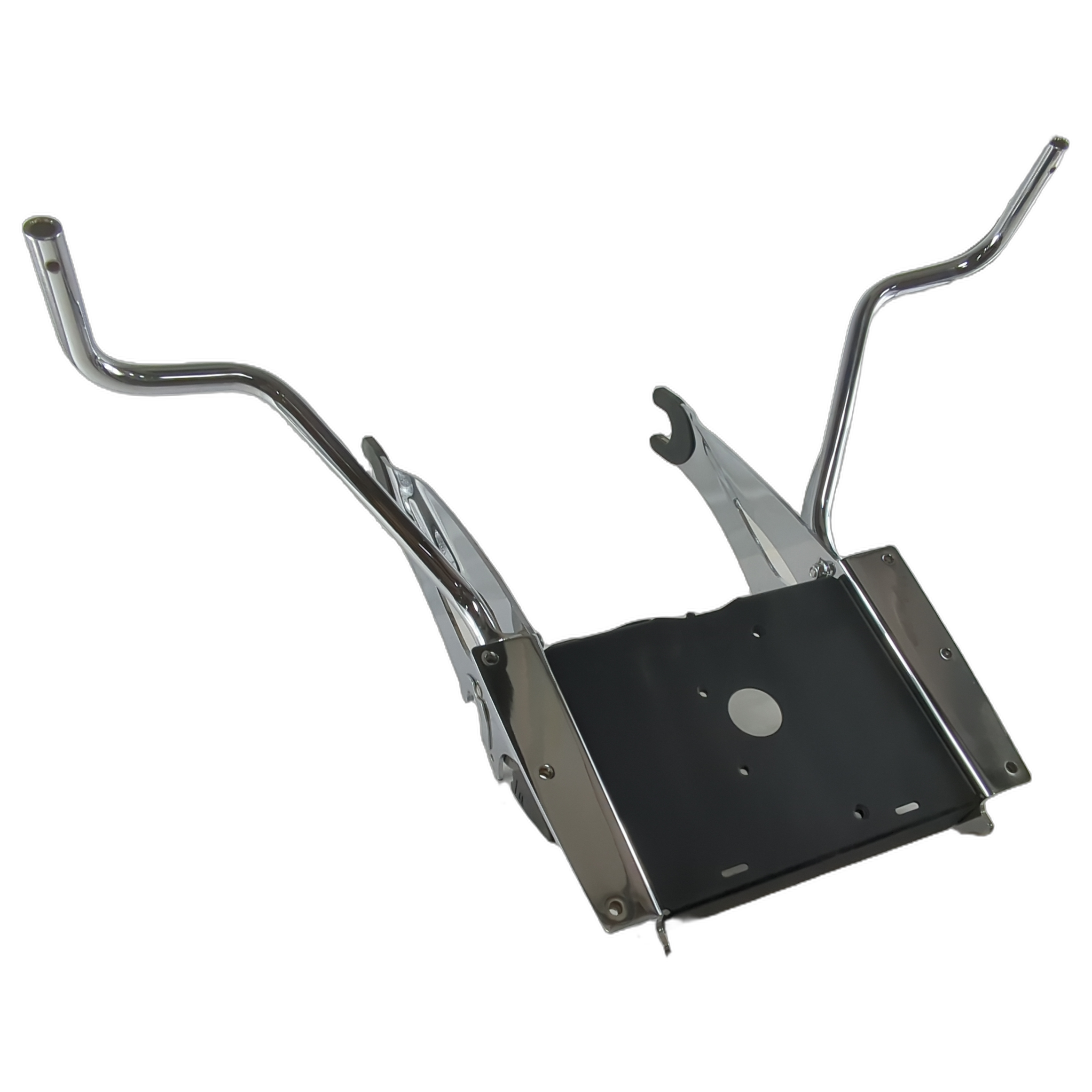 Chrome and black metal trunk luggage rack kit with mounting brackets and curved support arms.